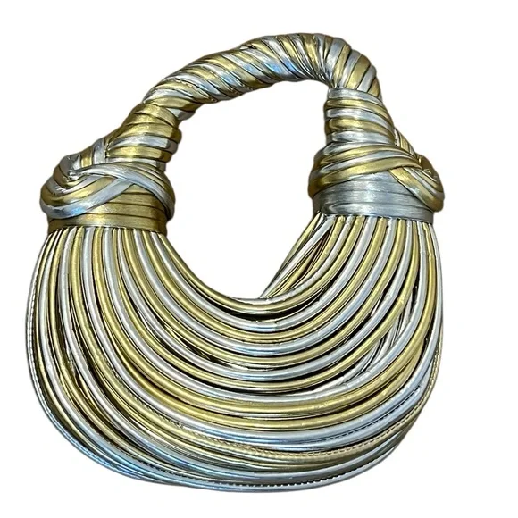 NEW Statement Metallic Gold and Silver Fringe Textured Handbag - Picture 2 of 7